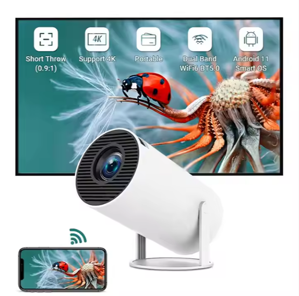 Mini HY300 Pro Android Smart Projector 4K WiFi 6 BT Speaker Auto Keystone 180° Rotatable Portable Home Bedroom Outdoor Beamer